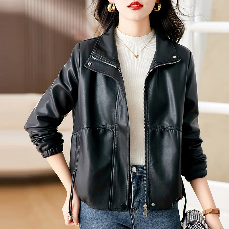 Spring and Autumn Solid Color Fried Street Leather Coat for Women's 2024 New Trend Fashion Slim Fit Short Leather Jacket Top