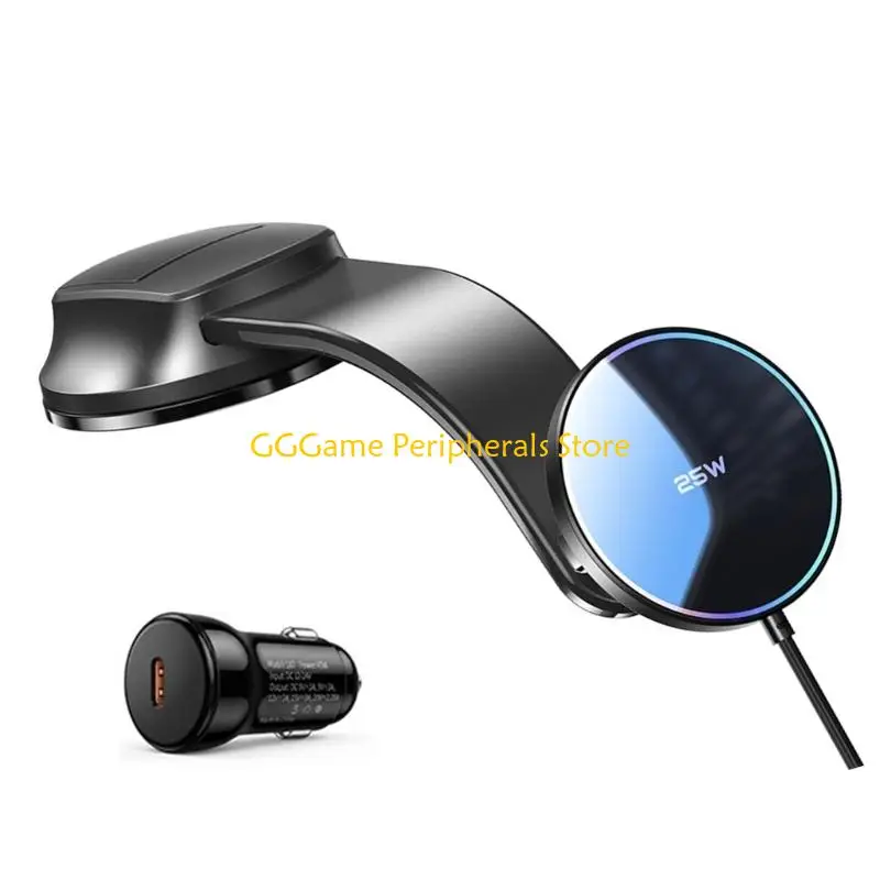 U55B Pad Phone Holder for Car with Wireless Charging, Suction Cup Base, Adjustable Viewing Arm, 25W Power for Car Use