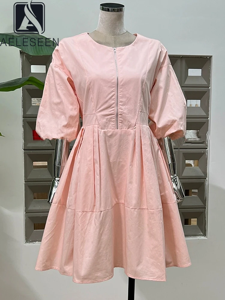 

AELESEEN 2025 Spring Summer Mini Dress Women Lantern Sleeve Solid Pink White Design Fashion Zipper Casual Holiday Vacation