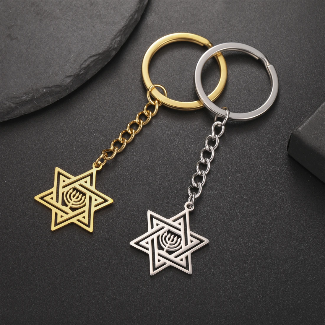 EUEAVAN Jüdischer Davidstern-Schlüsselanhänger, Edelstahl, klassisches Menora-Symbol, Schlüsselanhänger, 2025, Amulett, Schmuck, Chanukka, Geschenk im Großhandel