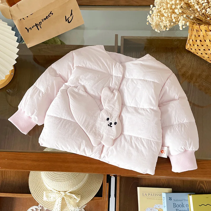 

Girls Pink Puffer Jacket Solid Cute O-neck Rabbit White Duck Down Coats 1-6Y Children Winter Warm Lightweight Down-Filled Coat