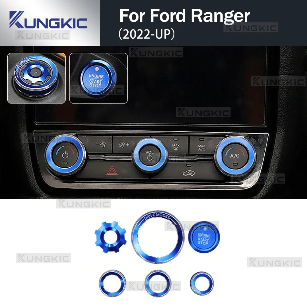 For Ford Ranger 2022 2023 2024 2025 2026 Aluminum Alloy AC Audio Push Start Knob Car Interior Air Conditioning Button Cover