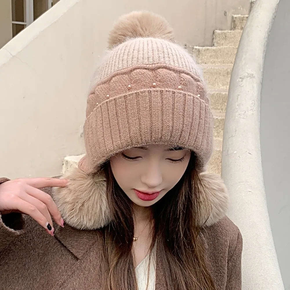 

Fashion Solid Color Woolen Knitted Cap Windproof Knitted Plush Beanie Hat Plush Ball Cold-proof Ear Protection Hat Girl
