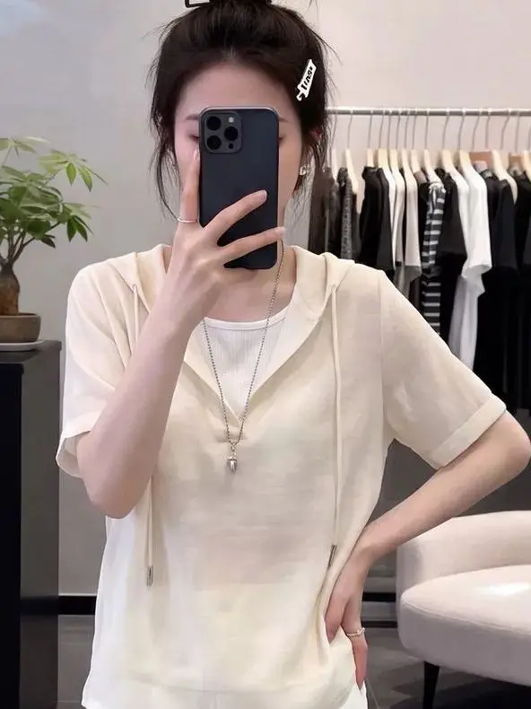 plus Size Lazy Style Hooded Short Sleeve T-Shirt Women Summer Loose Fashion Fake Two-Piece Top Breathable Comfortable Korean ...