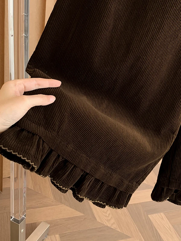 Faionable Corduroy Wide Leg Pants Women's Autumn Winter Loose Casual High Waist Long Trousers with Lace Hemline
