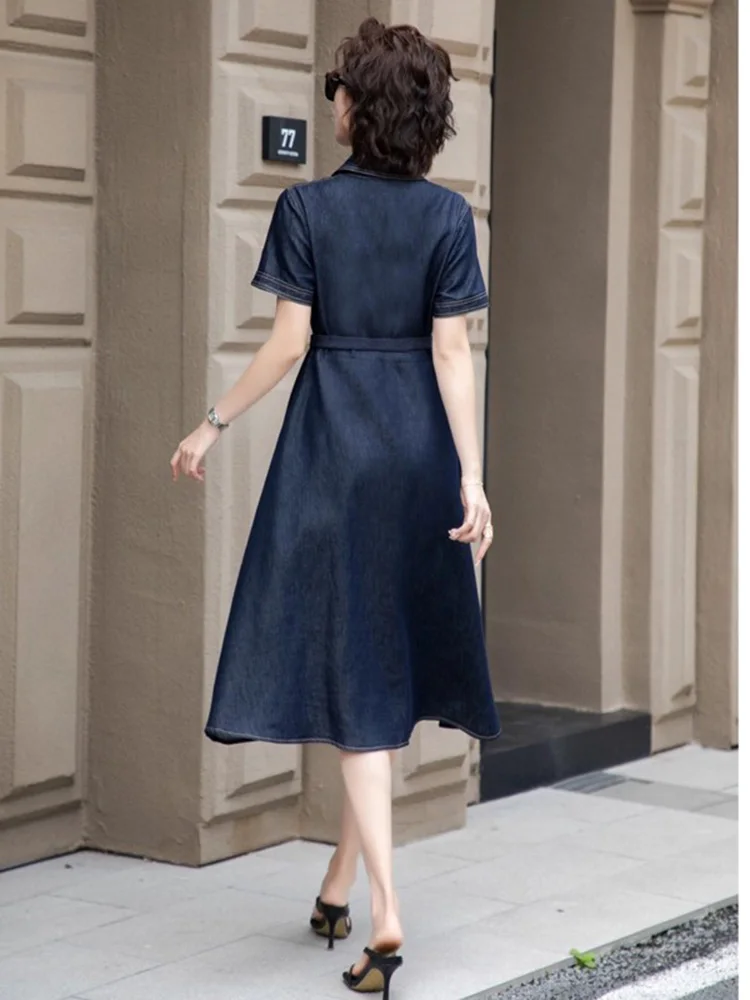 Novo Mulheres Verão Vestido jeans fino Moda Gola virada para baixo Peito único Cintura fina Vestido longo Simplicidade Casual Vestido de camisa