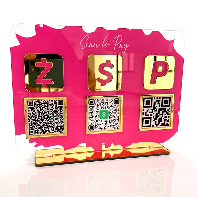 Socia Sign Custom 3 Icons Business QR Code Plate Collection Table Set CashApp PayPal Zelle Venmo Organic Glass Golden Icon