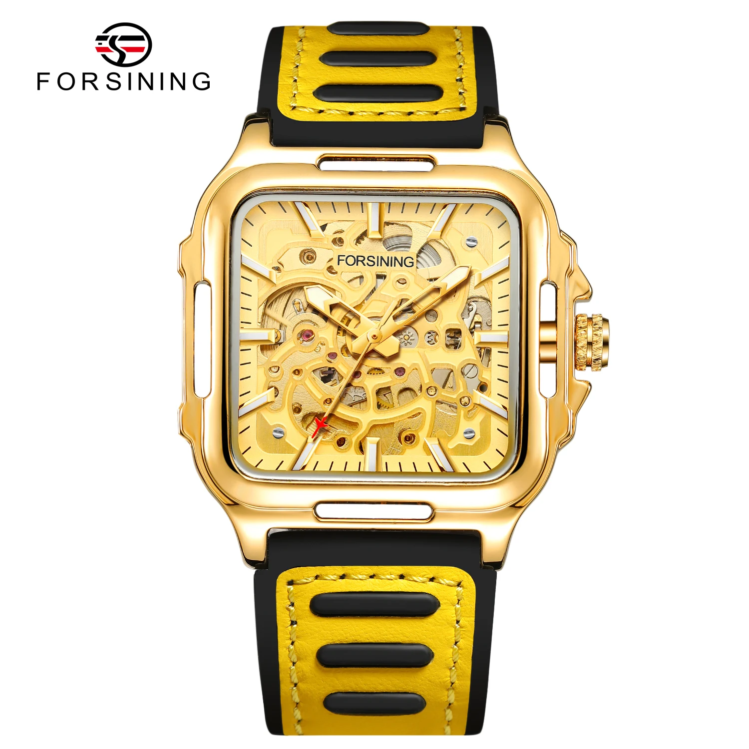 Forsining Hollow Engraving Men's Automatic Mechanical Skeleton Watch Cool Sport Silicone Strap Wristwatches Ideal Gifts
