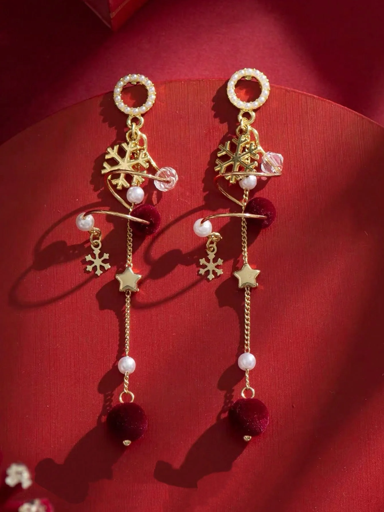 New Year Red Flocked Beads Snowflake Star Tassel Long Earrings Women Christmas Fashion Jewelry Romantic Gifts for Girls