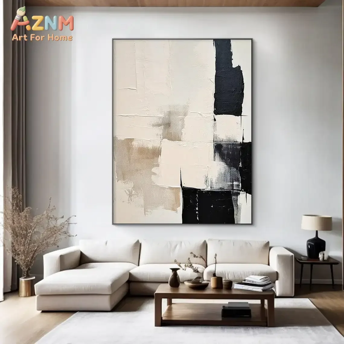 AZNM Neutral Earth Tone Abstract Canvas Print Beige Brown Black Geometric Block Line Texture Minimalist Modern Entryway Wall Dec