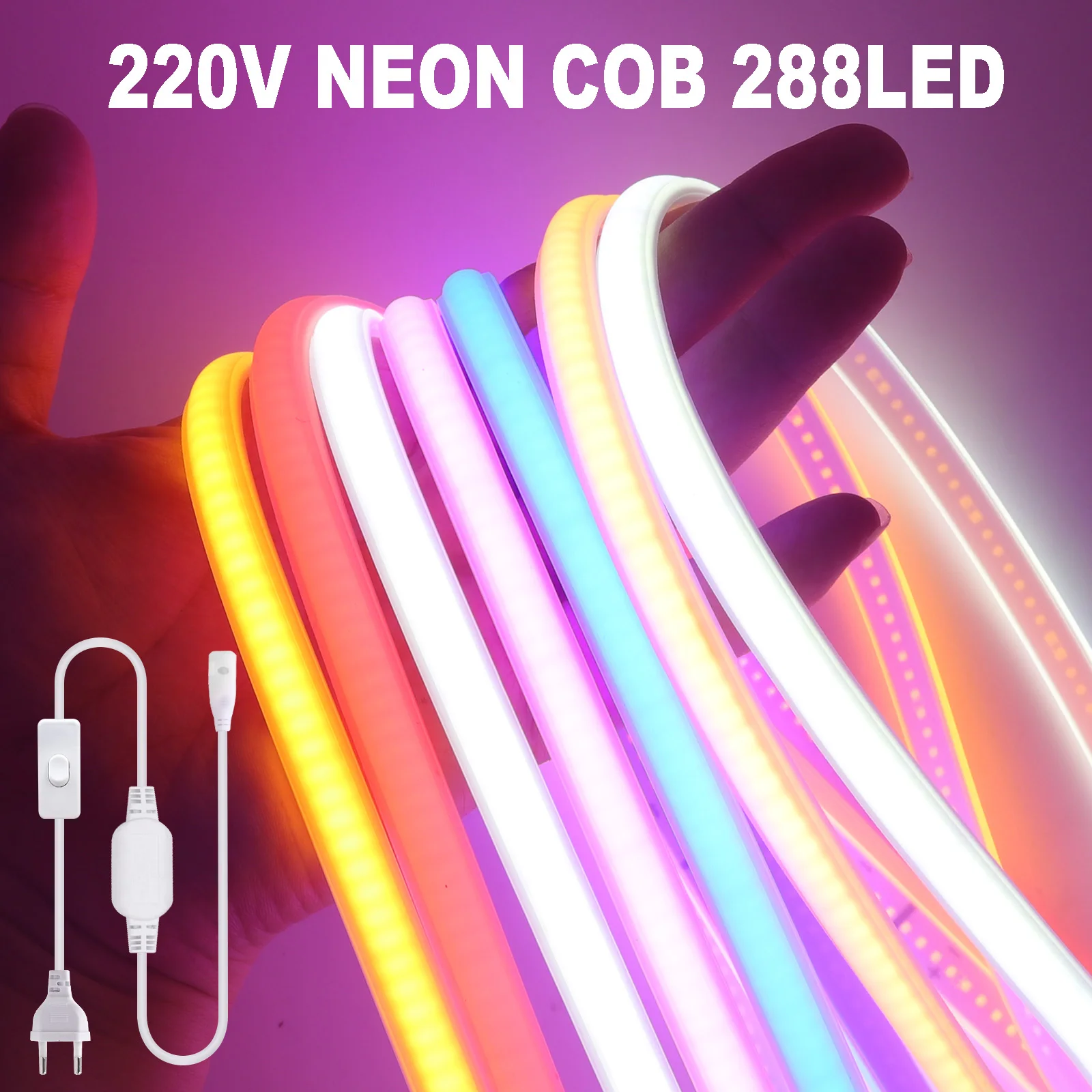 COB Neon LED Strip Light 220V 288LEDs/m Waterproof COB Linear Lights With ON OFF Flexible Warm Cool White Green Pink Red Blue