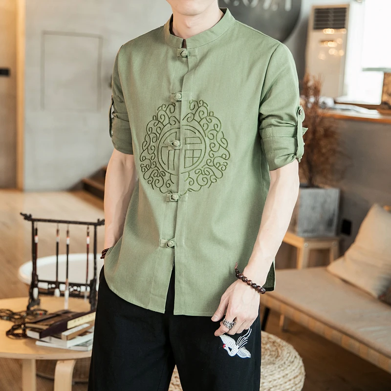 

M-5XL Plus Chinese Style Linen Shirt for Men Vintage Embroidery Long Sleeve Button-Down with Frog Knots, Loose Fit Casual Blouse