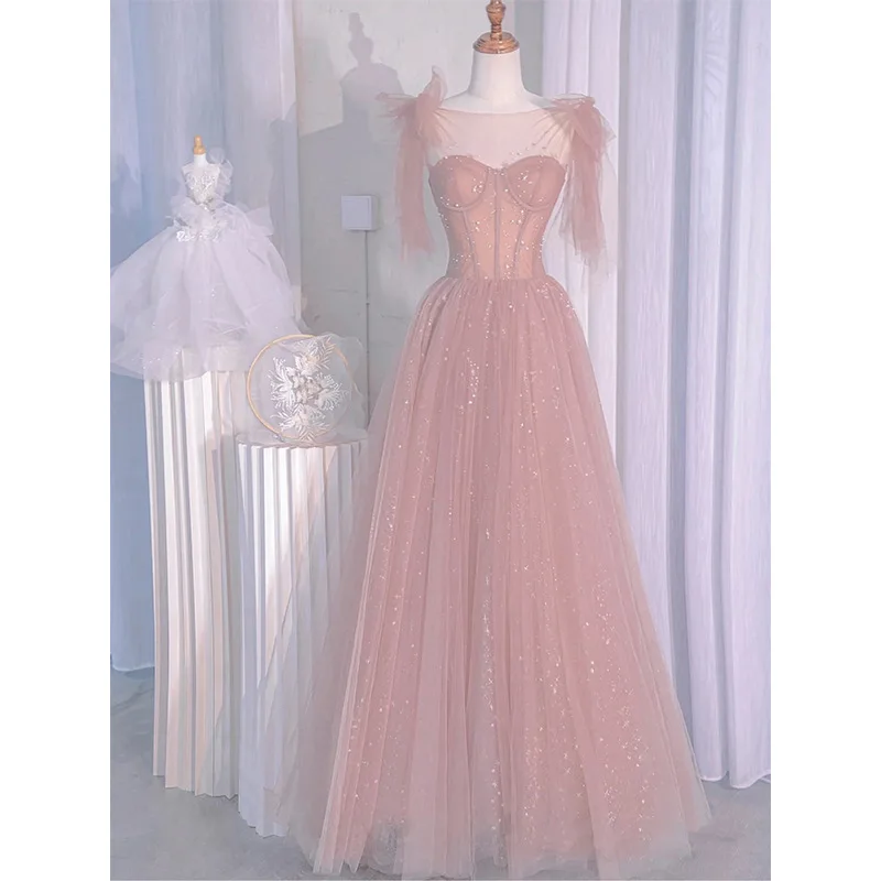 Latest Elegant Pink Wedding Dress Host Stage Dress Design Celebrity Sequins Dress Formal Party Dress Prom Dress Graduation Dress