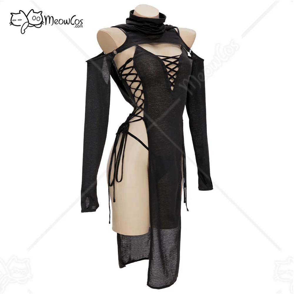 Meowcos Women Sexy Sleepwear Ninja Style Lingerie Cosplay Costume Sling Night Dress Black Lace Up Slit Dress and Hooded Top view 2