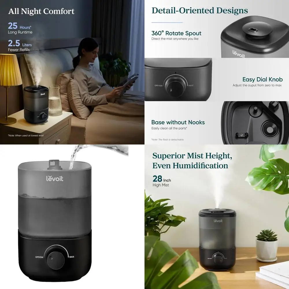 

Top-Fill Ultrasonic Humidifier, Easy Fill & Clean, Quiet for Home, Auto Shut-off, 360° Mist, 2.5L, Black