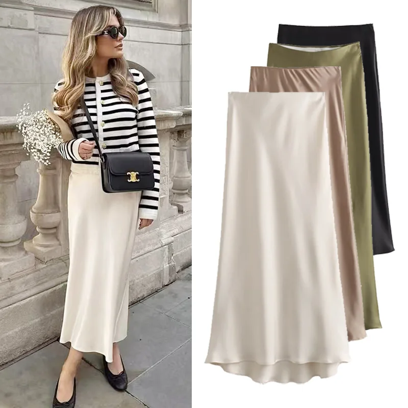 HXAO Skirts For Women Wrap Long Skirt Women\'s Skirt Satin Pencil Smooth Green Skirt Summer 2024 Elegant Black White Beach Skirts