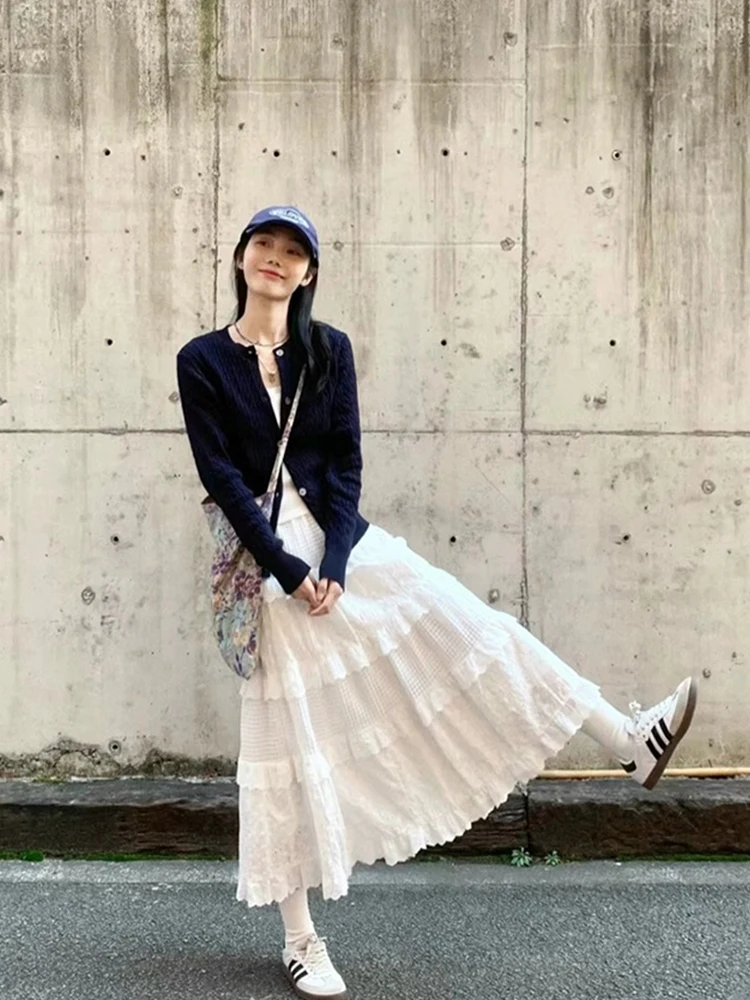 

Белая кружевная юбка-миди А-силуэта для женщин, весна 2025, новый дизайн, универсальная, с высокой талией, в корейском стиле, для офиса и повседневной носки