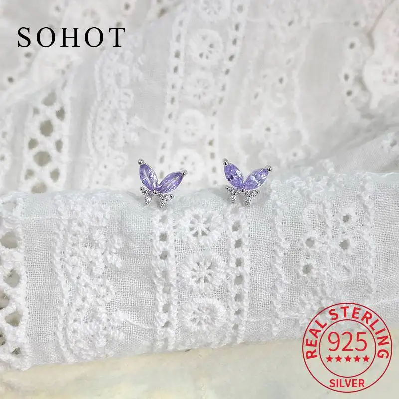 

Real 925 Sterling Silver Personality Butterfly Purple Zircon Stud Earrings for Women Light Luxury Fine Jewelry Sweet Accessories