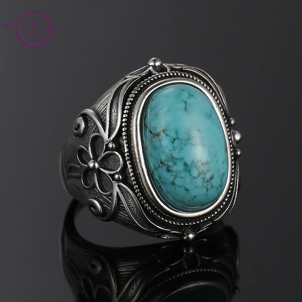 

Natural Turquoise Ring Lady Silver Jewelry Retro Party Ring 11X17MM Large Ellipse Gem Gift Wholesale