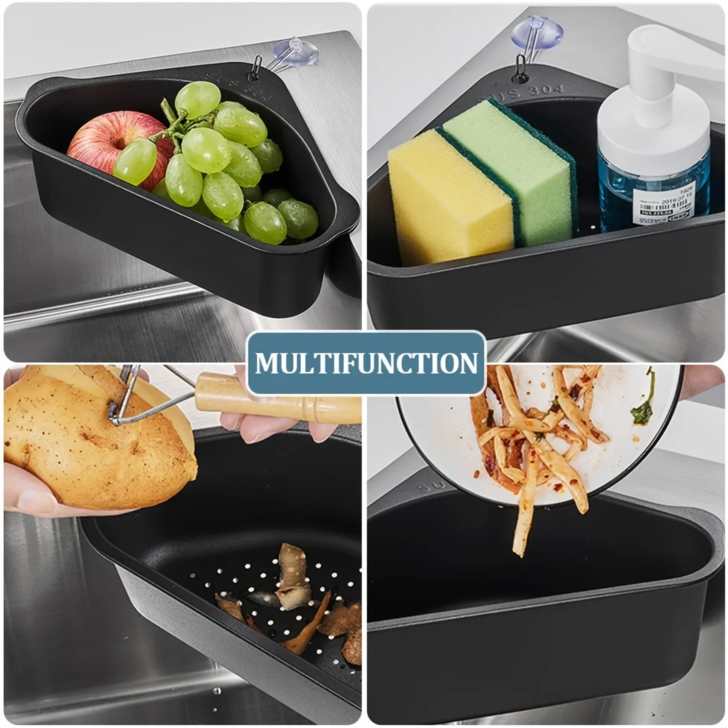 Triangle Sink Strainer Basket, 304 Stainless Steel Drain Basket with Suction Cup Support, Multifunctional Kitchen and Bathroom C