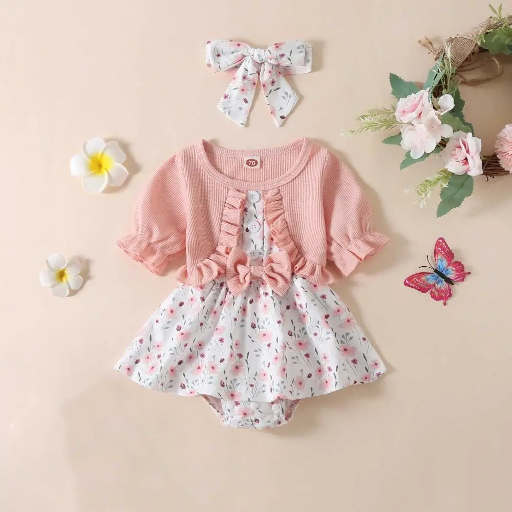 أزياء Bowknot طفل فستان الأميرة زهرة حلوة الصيف الطفل ارتداءها الرضع القطن كاذبة 2 قطعة بذلة فستان عطلة الشاطئ
