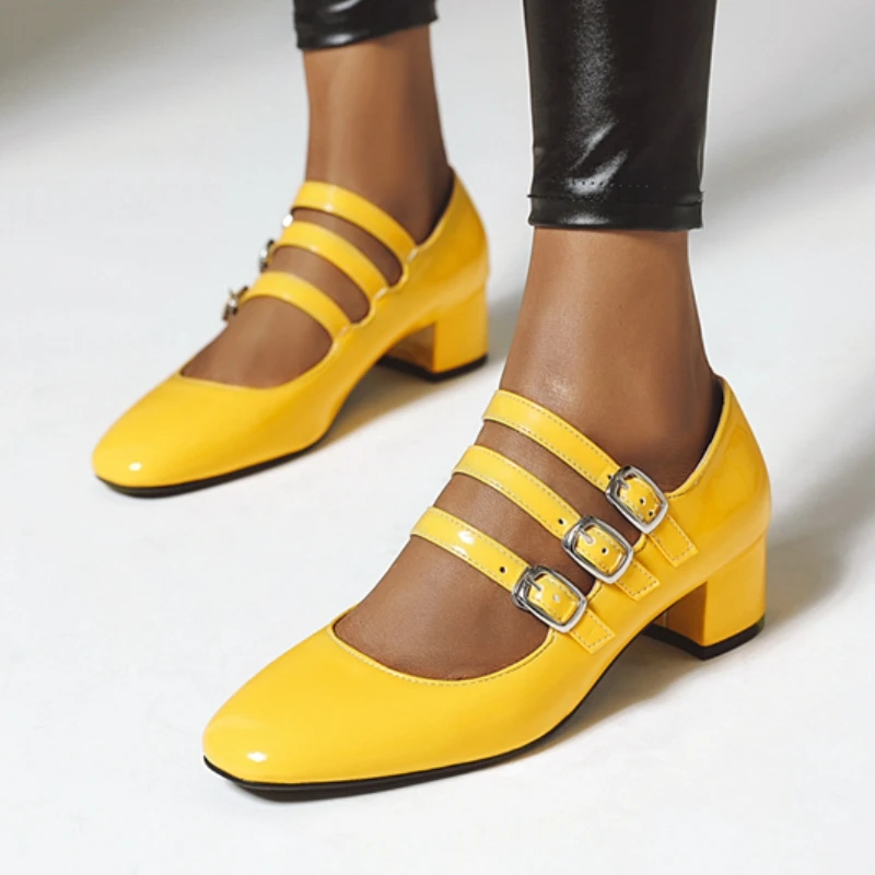 

Желтые туфли Мэри Джейн на низком каблуке, женские туфли с ремешком, черные, белые женские туфли на коротком блочном каблуке, вечерние офисные свадебные туфли, большой размер 48