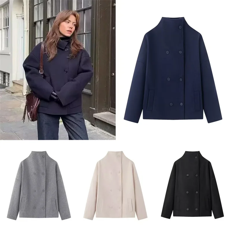 Damska kurtka 2025 zima nowa jednolita kolorystyka długi rękaw dwurzędowa stójka prosty krótki płaszcz stylowy i modny