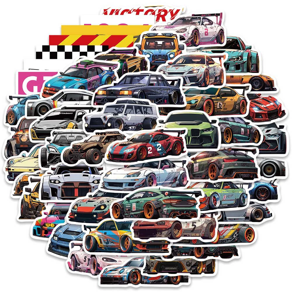 10/30/50pcs Cartoon Retrofit Racing Car JDM Stickers Cool Graffiti Decals Phone Case Skateboard Luggage Waterproof Sticker Decor