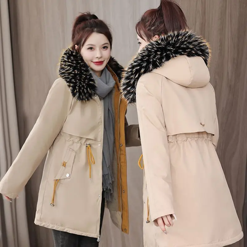 Women big fur collar Mid-Length padded jacket new winter Parkas fashion Add velvet thick Warm cotton Clothes loose overcoat T601