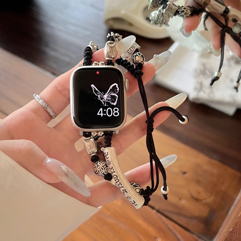 สายรัดแบบเชือกสไตล์ชนเผ่าย้อนยุคสำหรับสายคาด Apple Watch 40มม. 44มม. 41มม. 45 38 49สายรัดข้อมือเชือกถักสำหรับ iWatch 9 8 7 SE 6 5