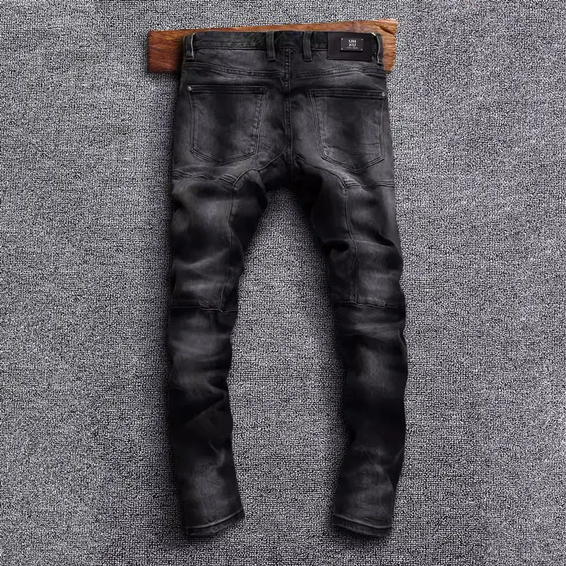 Streetwear Fashion Men Jeans High Quality Retro Black Gray Spliced Designer Biker Jeans Homme Patched Hip Hop Denim Pants Men