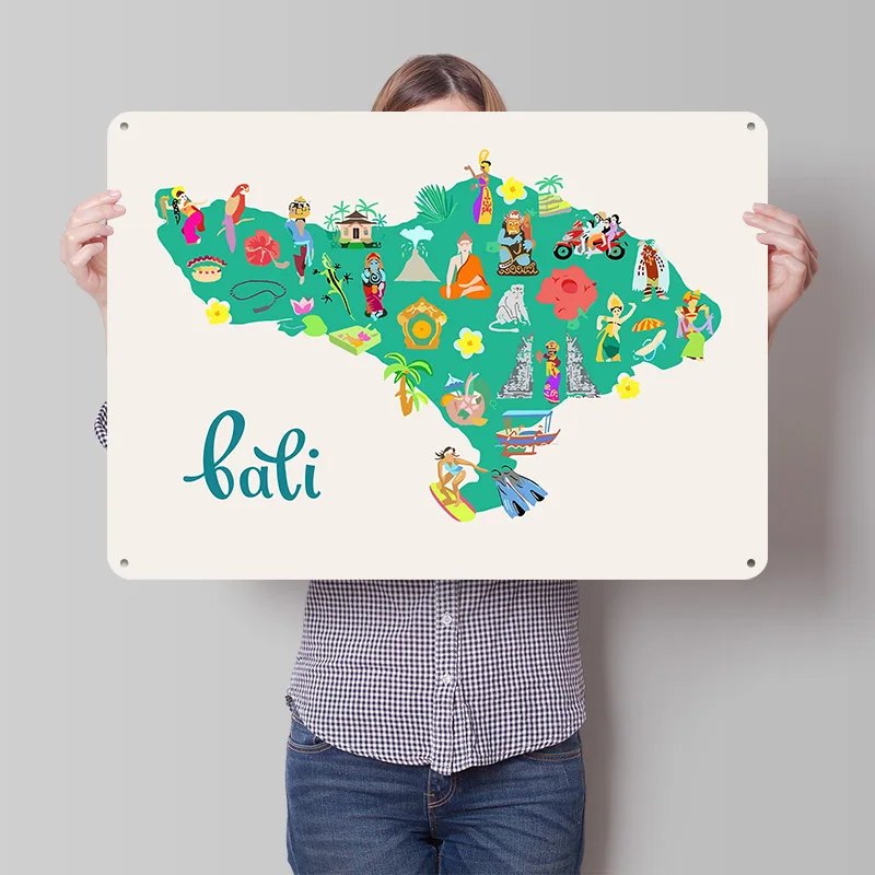 Bali Map Illustration Poster Retro 3D Printed Metal Signs Customized Wall Hanging Gift for Vintage Home Decor Items Man Cave