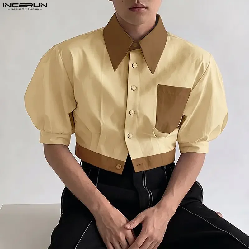 INCERUN Men's Shirt Patchwork Lapel Short Sleeve Color-block Casual Men Clothes Streetwear Loose 2026 Fashion Crop Tops For Man