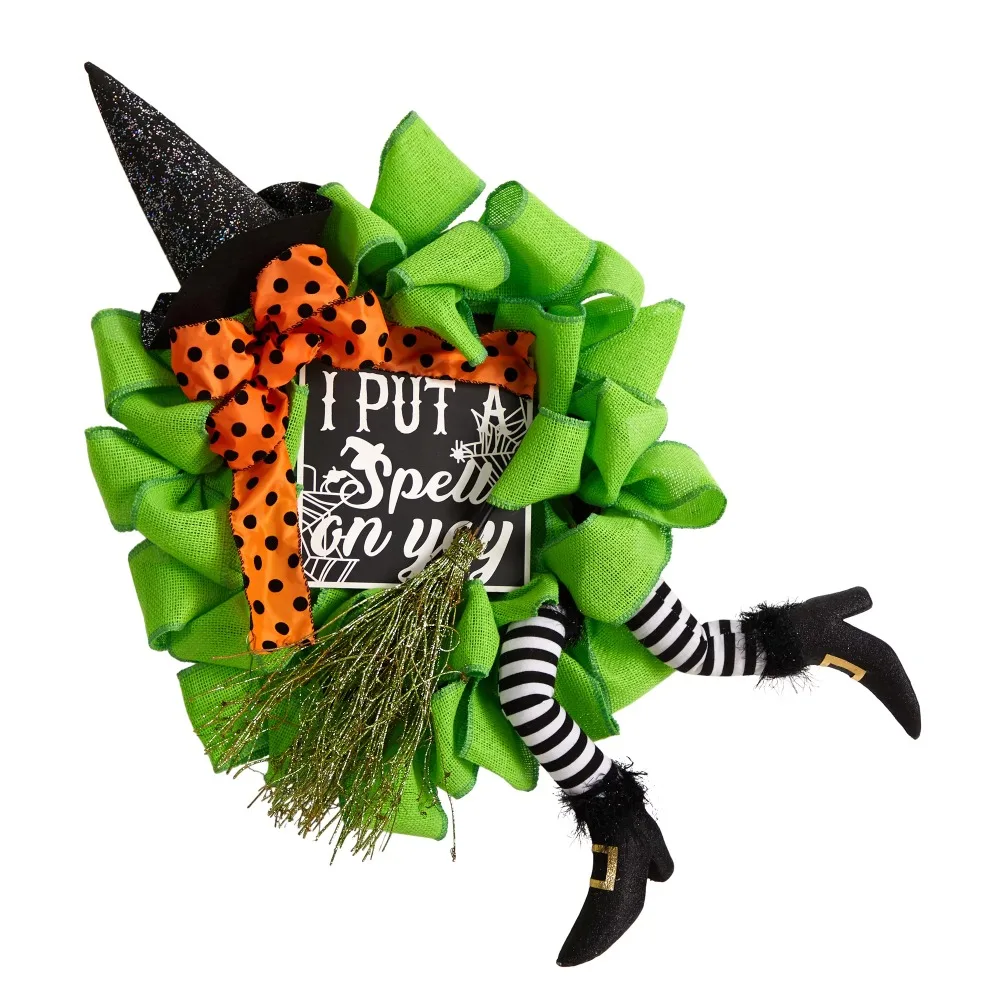 

26-Inch Halloween Witch Broom and Hat Mesh Wreath Free Shipping Table Decoration Christmas Decoration Liquidations Confetti Home