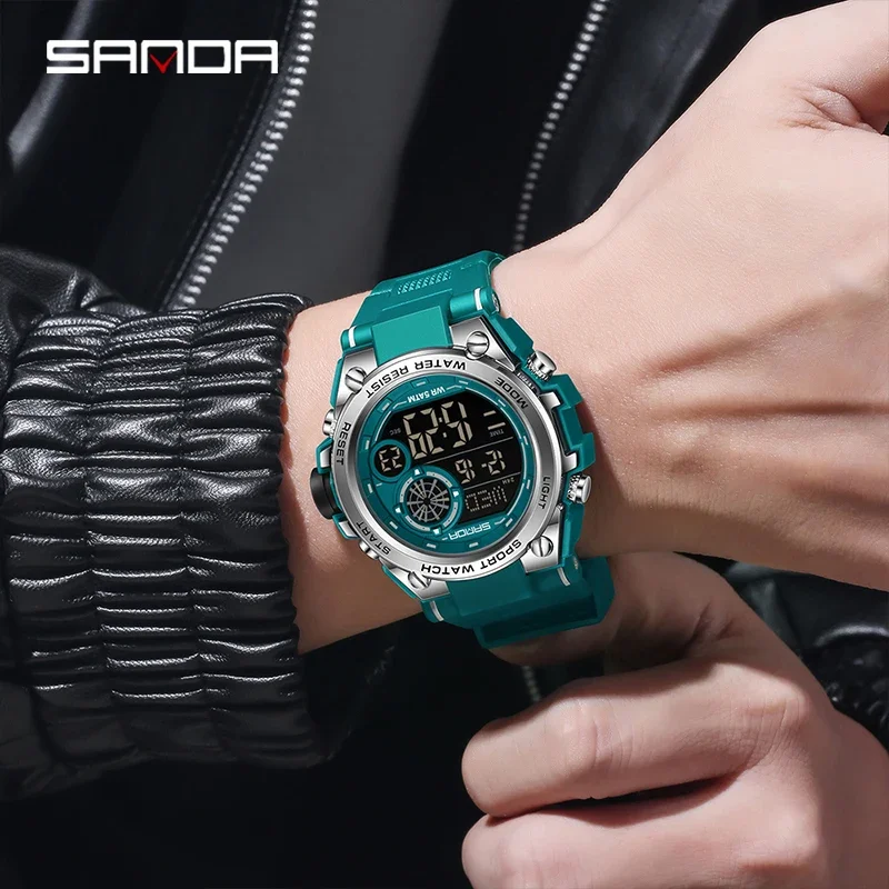 패션 SANDA 브랜드 신제품 6255 남성용 전자 시계 스포츠 다기능 50M 방수 LED 디지털 야간 조명 남성 손목시계