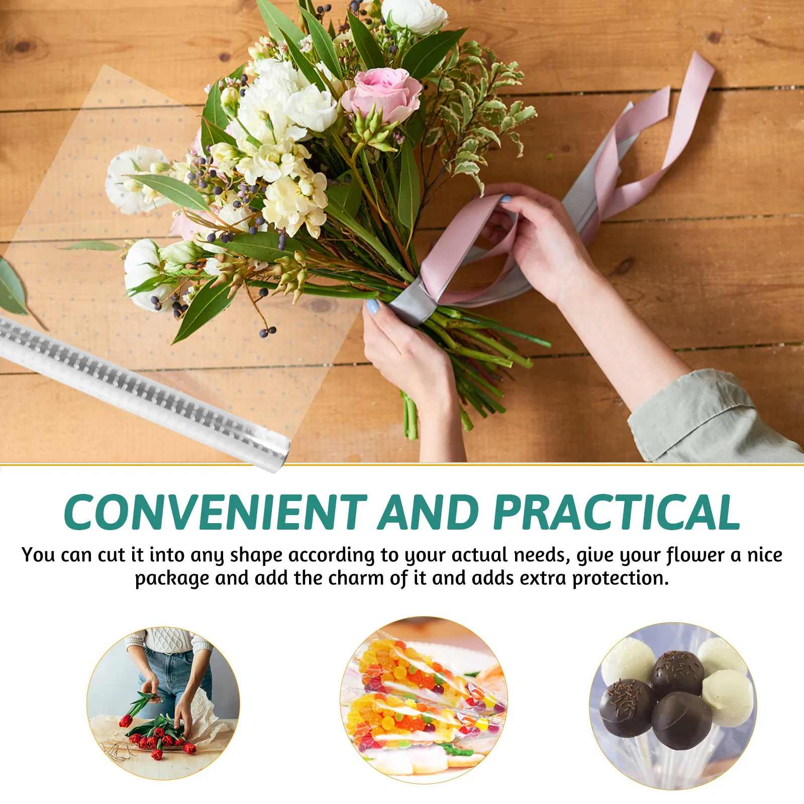 

Бумага для упаковки цветов с точечным узором, целлофановая пленка высокой плотности в рулонах для упаковки подарков, букетов и цветочных композиций.