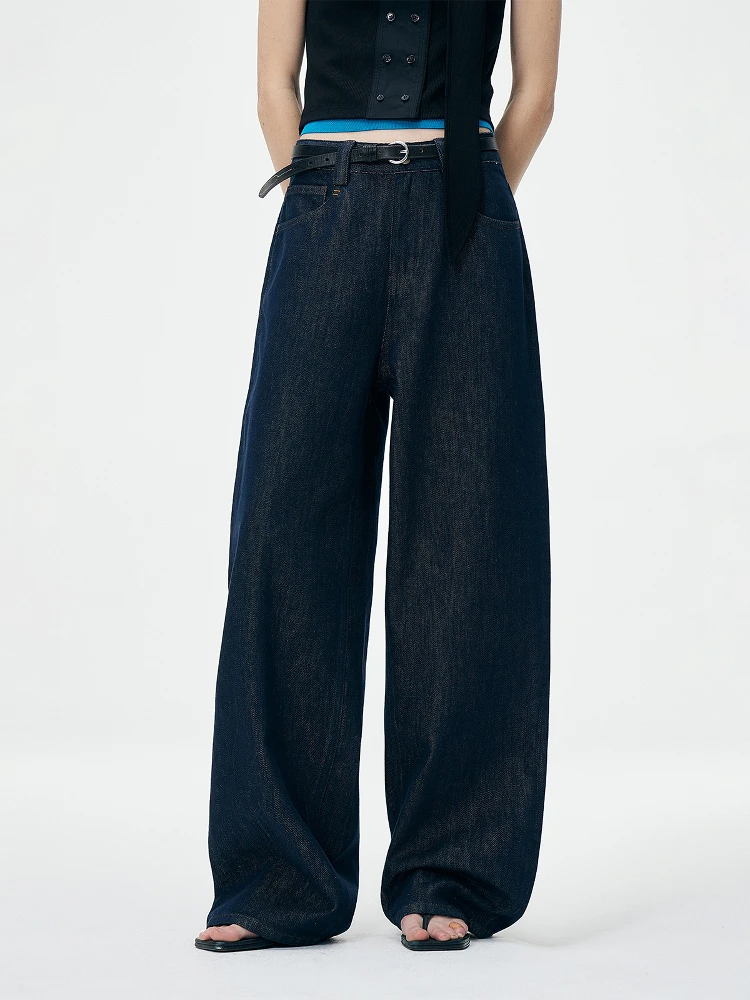 

Modern Retro American Thorsaura Women's Wide Leg Suede Jeans Winter Floor-Length Dad Pants Blue Denim Natural Waist Straight Cut