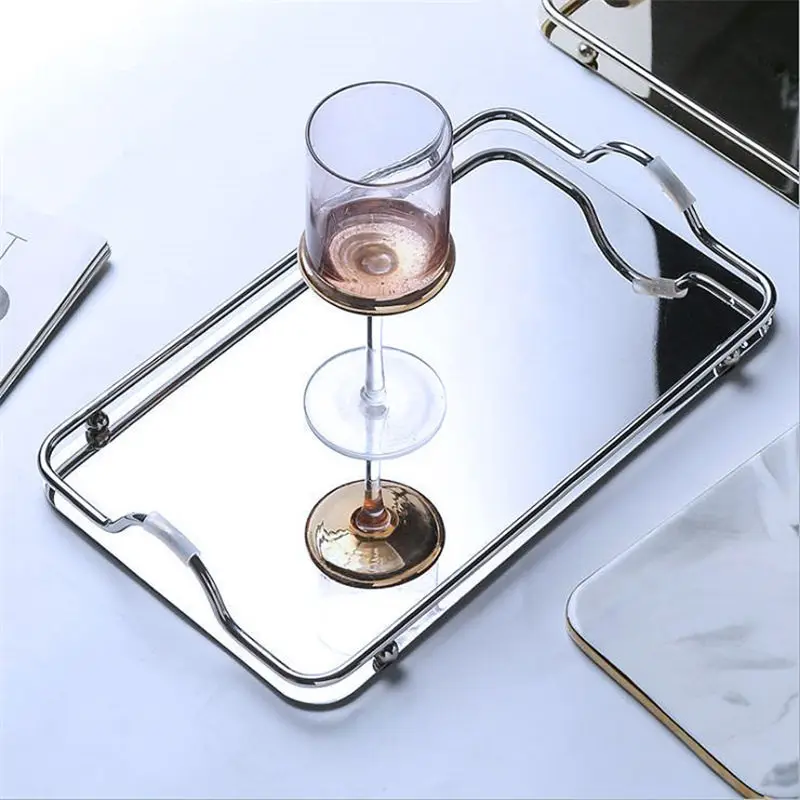 Nordic Gold Silver Rectangle Serving Tray Holder Scandinavian home Organizer Storag Tray with Handle Metal Coffee Tea Cup