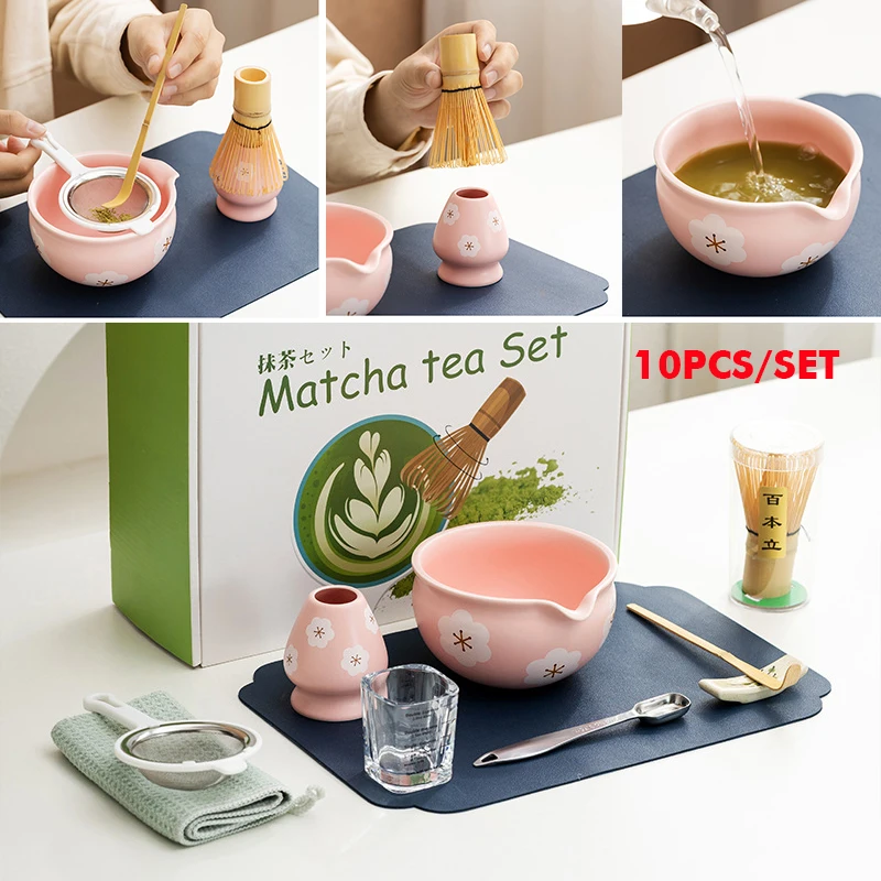 10PCS Handmade Home Easy Clean Ceramic Matcha Tea Set Tool Stand Kit Bowl Whisk Scoop Birthday Gift Ceremony Kitchen Supplies