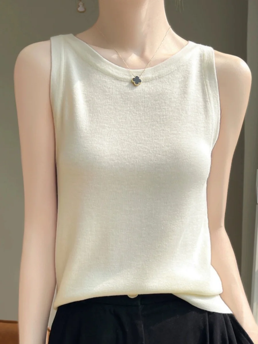 여성용 부드럽고 편안한 원숄더 라운드 넥 니트 탱크탑 초미세 방적 울 베이스 이르트 출퇴근용 순색