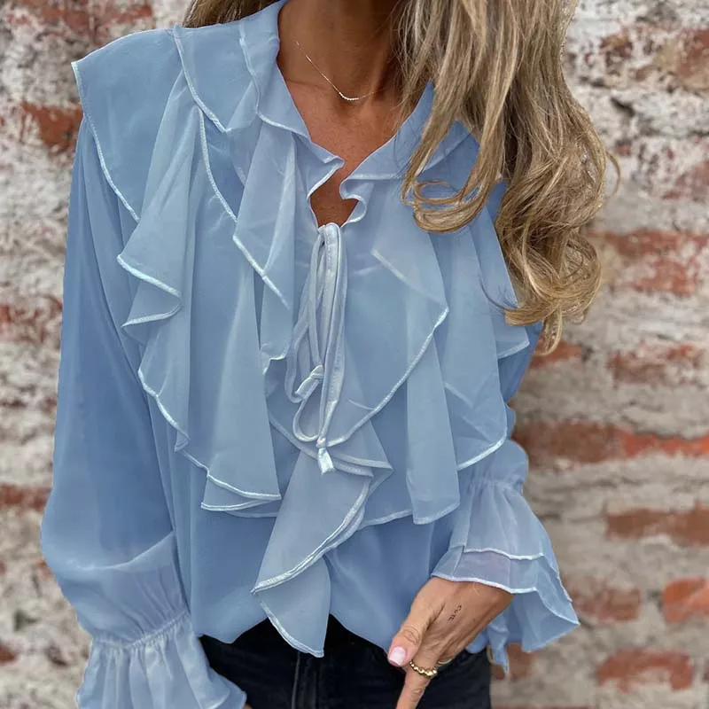 Women Elegant V Neck Lace Up Commuter Top Casual Streetwear Solid Color Ruffle Blouses Flare Sleeve Loose Autumn Chiffon Shirt
