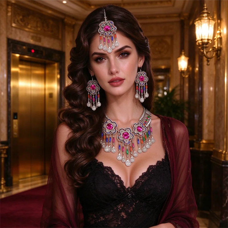 Ethnic Fashion Co In - ชุดเครื่องประดับสไตล์วินเทจ ยิปซี โบฮีเมียน ชาติพันธุ์ ประดับเพชรเทียมหลากสี พร้อมสร้อยคอ