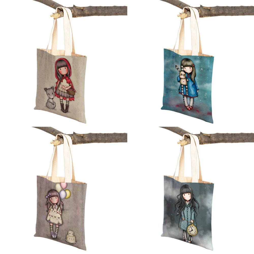 Both Sided Fashion Cartoon Little Girl Women Shopping Shoulder Bag Reusable Canvas Children Cute Tote Travel Handbag for Lady