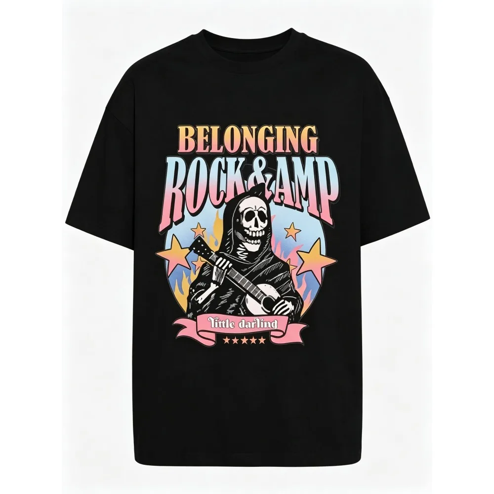 2026 New Unisex O-neck Short Sleeve T-shirt Front Vintage Rock Skull Playing Guitar Print Gradient ROCK Letter Flame Star