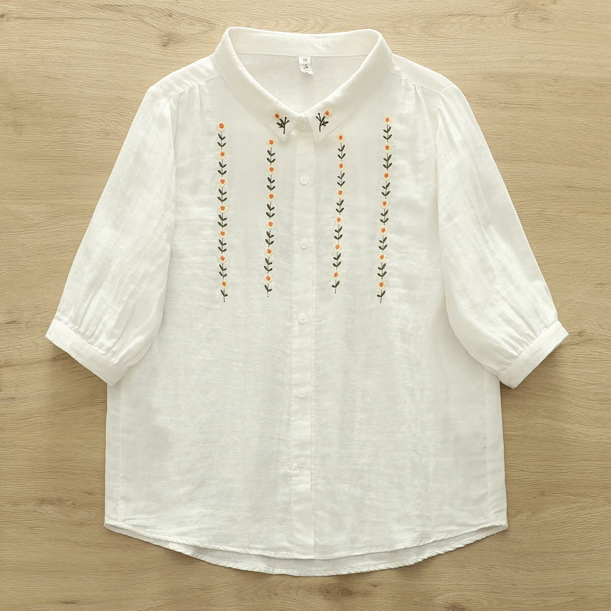 New 2025 Summer Cotton Yarn Half Sleeve Shirt, Women Turn-down Collar Embroidery, Mori Girl Retro Casual Loose Blouse T55843CC