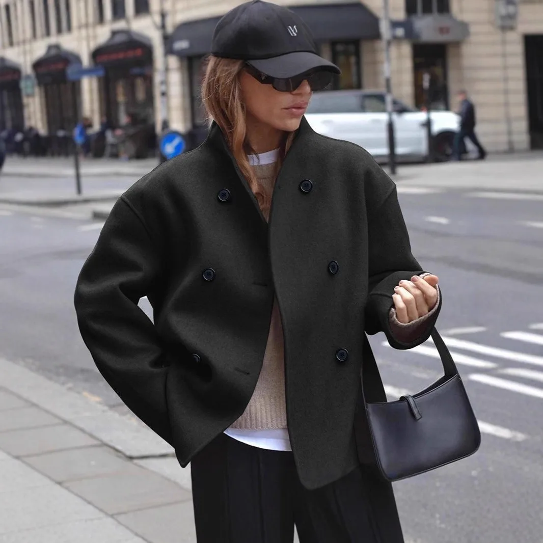 Long Sleeve Button Detail Coat Regular Fit Graceful Elegant Cross Border Style with Ultra Short Length Cropped Women Coat