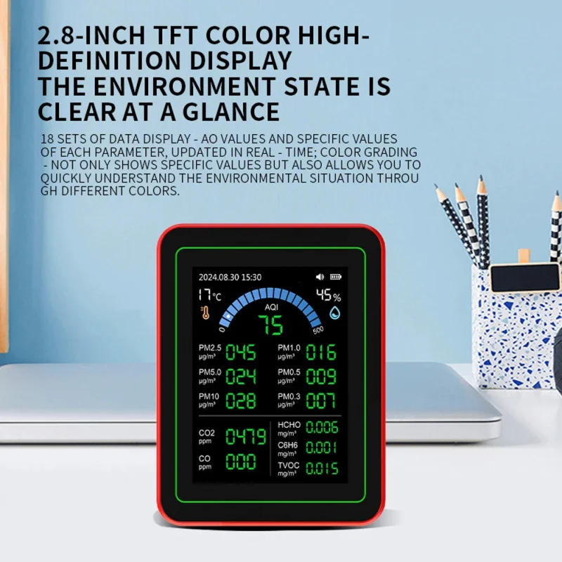 18 In 1 Indoor Real-Time Air Detector Detect 6AQI HCHO PM2.5 PM10 CO2 Portable Air Quality Monitor for Home Cars