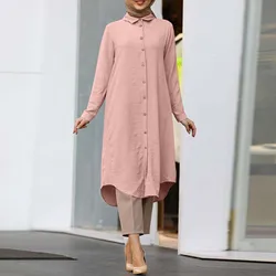 Muslim Solid Mid-Length Shirt Dress For Women Dubai Abaya Fashion Single-Breasted Long Shirt Top Turkey Arab Islam muslim tops