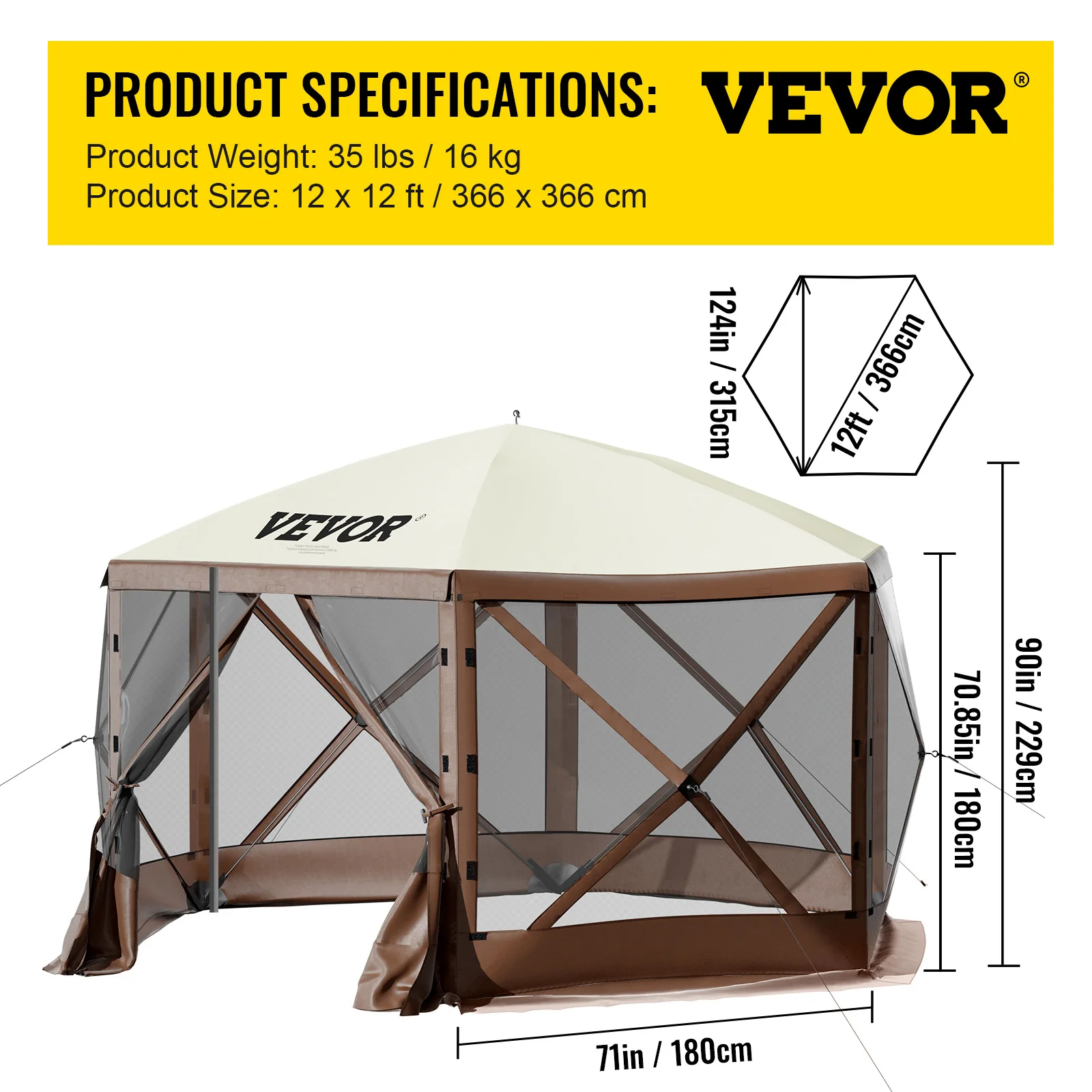 SucceBuy Pop-up Camping Gazebo Camping Canopy Shelter 6 Sided 12\' x 12\' / 10\' x 10\' Sun Shade Tents & Canopies Camping & Hiking