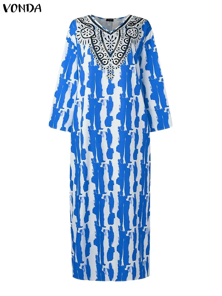 Plus Size 5XL VONDA Women Long Sleeve Bohemian Party Vestidos 2025 Autumn Printing Vintage Maxi Dress Casual V-Neck Loose Robe